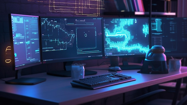 Ein schwarzer Tisch mit einer Reihe von Monitoren, auf deren Bildschirm das Wort „Cyber“ steht