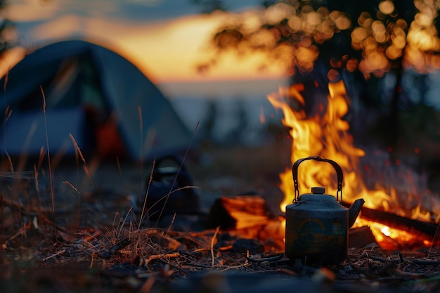 Foto ein schwarzer und silberner campingpot sitzt auf einem feuer