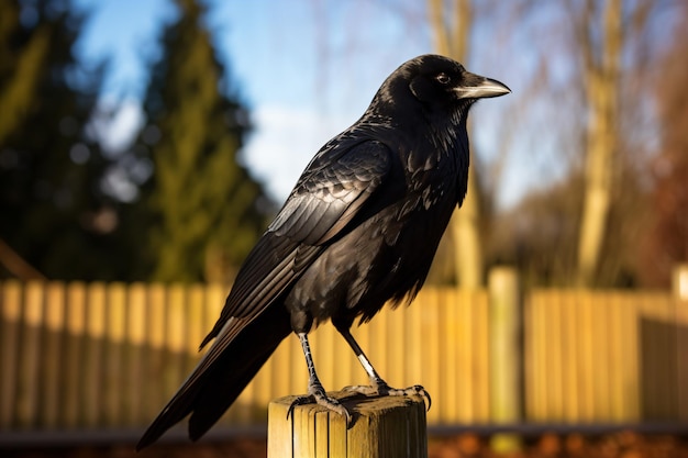 ein schwarzer Vogel, der auf einem Holzpfosten sitzt