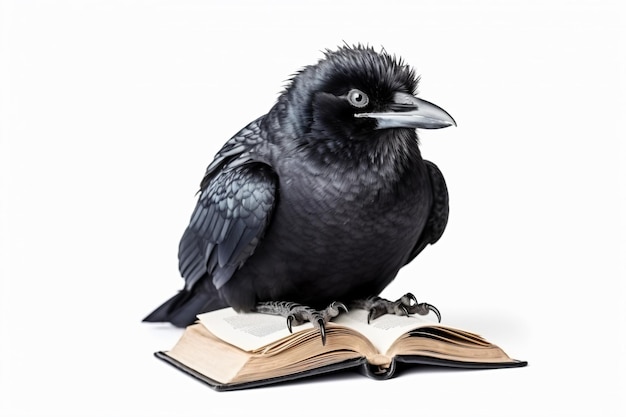 ein schwarzer Vogel, der auf einem offenen Buch sitzt