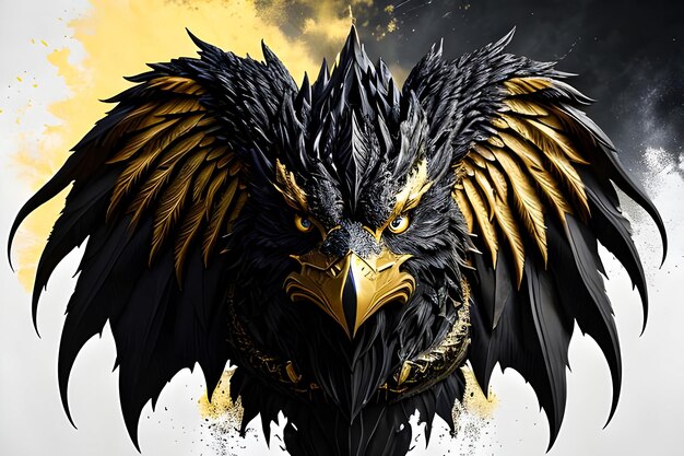 Ein schwarzer Vogel mit goldenen Flügeln und ein schwarzer Kopf mit goldenen Flügeln.
