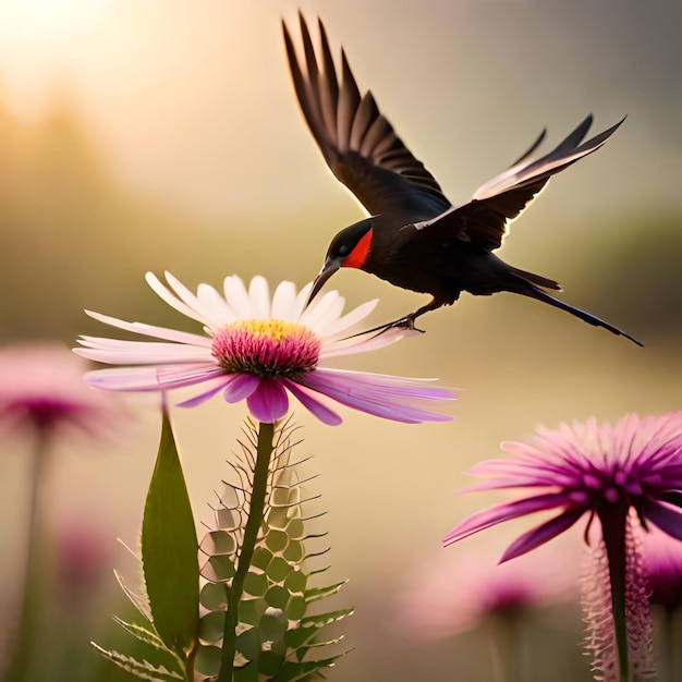 Ein schwarzer Vogel mit roten Flügeln fliegt über eine lila Blume.