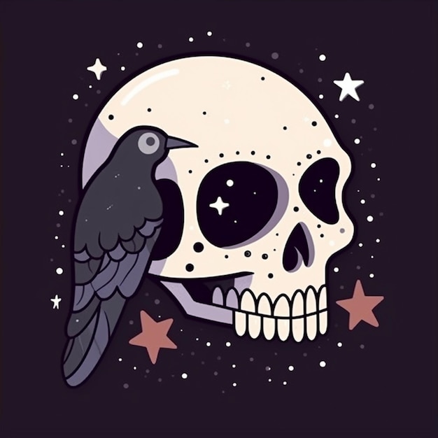 ein schwarzer Vogel sitzt auf einem Schädel mit Sternen