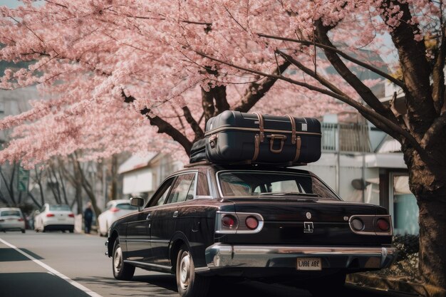 Foto ein schwarzes auto mit gepäck auf dem dach und einer blühenden kirschblüte im hintergrund