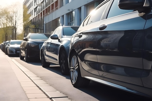 Ein schwarzes Auto parkt auf der Straße vor einem Gebäude.