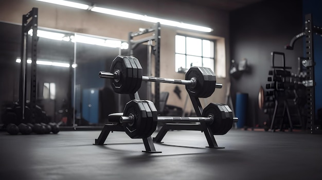 Ein schwarzes Fitnessstudio mit einer Langhantel auf dem Boden