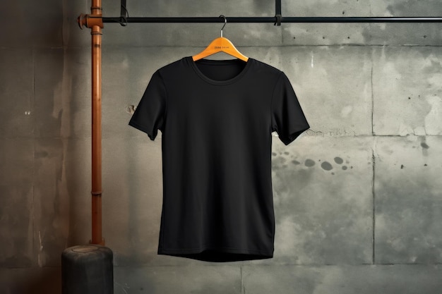 Ein schwarzes Hemd hängt an einem Kleiderbügel mit einem Kupferrohr dahinter.