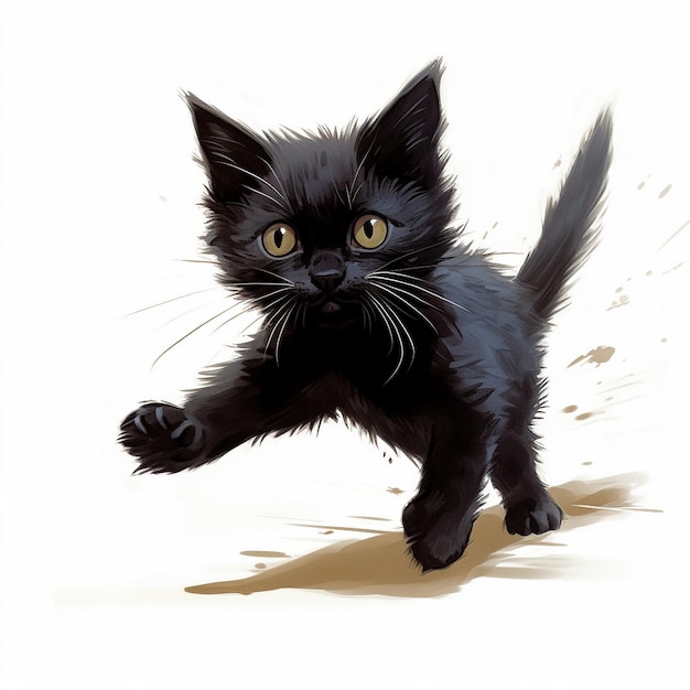 ein schwarzes Kätzchen, das mit gelben Augen auf der Straße rennt.