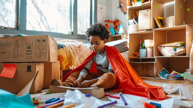 Foto ein schwarzes kind, das einen superheldenmantel trägt, sitzt auf dem boden seines schlafzimmers, umgeben von kartonkisten und markierungen, und baut ein raumschiff-requisit für ihr bevorstehendes schulstück.