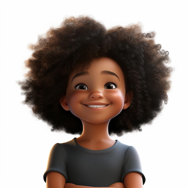 Foto ein schwarzes kleines mädchen mit afro-look, das dankbar im pixar-stil mit weißem hintergrund aussieht