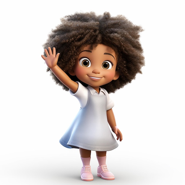 Ein schwarzes kleines Mädchen mit afrowinkendem Hallo-weißem Hintergrund im Pixar-Stil