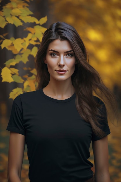 Ein schwarzes, leeres T-Shirt, das von einem weiblichen Model im lässigen Stil getragen wird, es ist Herbst draußen