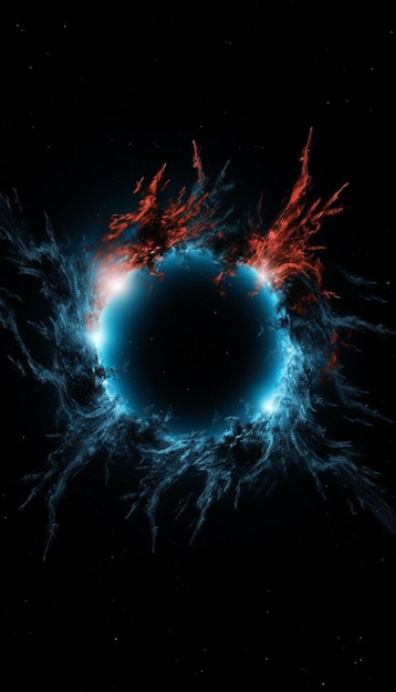 Ein schwarzes Loch mit einem blauen Ring mit orangefarbenen und blauen Flammen.