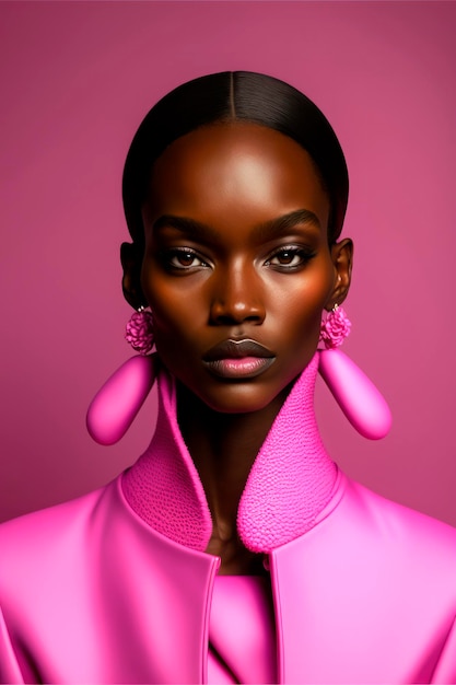 Ein schwarzes Model mit kurzen Haaren, rosafarbenem Outfit, rosafarbenen Ohrringen auf rosafarbenem Hintergrund Generative KI