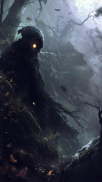 ein schwarzes Monster wird in einem dunklen Wald gezeigt