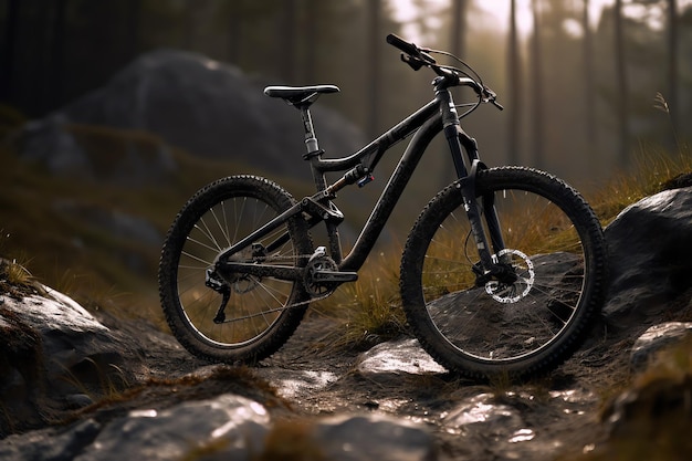 Ein schwarzes Mountainbike mit schwarzem Rahmen