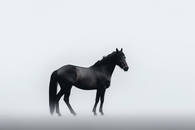 Ein schwarzes Pferd mit langem Schweif und langem Schwanz steht im Nebel.