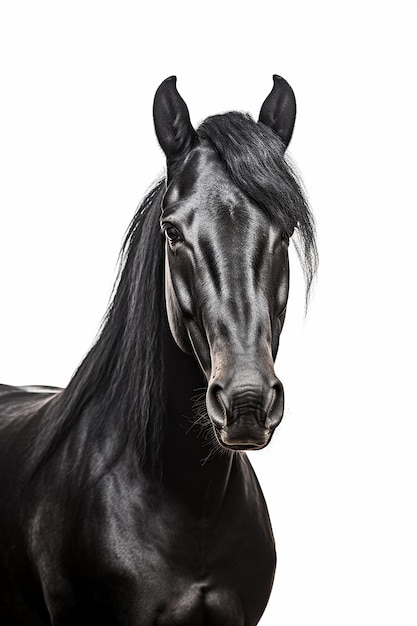 Ein schwarzes Pferd mit schwarzer Mähne und weißem Hintergrund