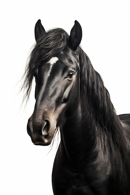 Ein schwarzes Pferd mit schwarzer Mähne und weißem Hintergrund