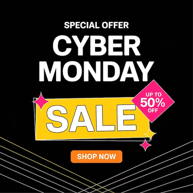 ein schwarzes Plakat für den Cyber Monday Verkauf mit einem rosa Schild, auf dem steht: Cyber Monday Verkauf