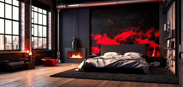 Ein schwarzes Schlafzimmer mit roter Wand und Kamin