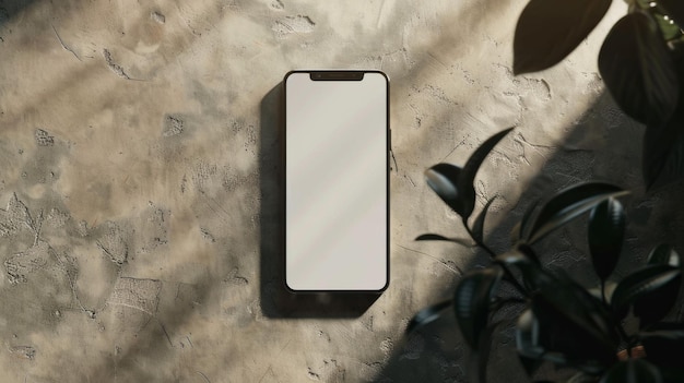 Ein schwarzes Smartphone mit einem leeren Bildschirm sitzt auf einer in Sonnenlicht gebadenen Texturoberfläche. Das Telefon wird teilweise von Blättern beschattet, was eine launische und moderne Ästhetik erzeugt.