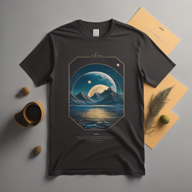 ein schwarzes T-Shirt mit einem runden Bild eines Fisches darauf.