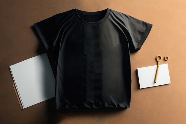 Ein schwarzes T-Shirt mit einem Stift und einem weißen Papier auf dem Tisch