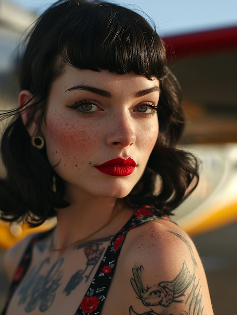 Ein schwarzhaariges Pin-up-Mädchen, das sich auf ein Vintage-Flugzeug lehnt
