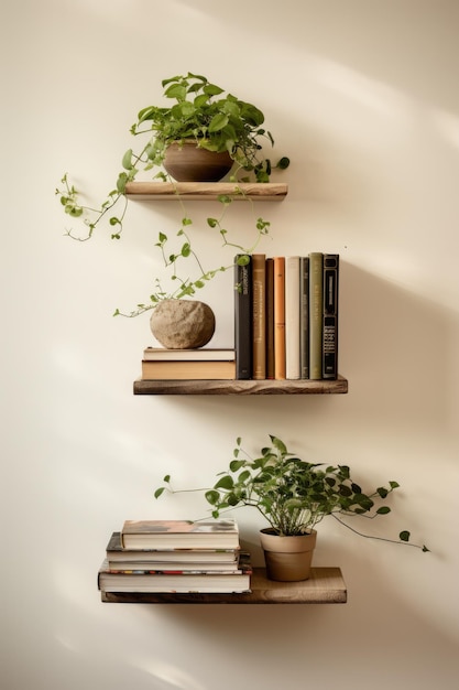 Ein schwebendes Bücherregal mit Büchern und einer Pflanze zur Dekoration