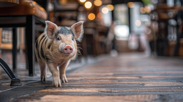 ein Schwein auf einem Gehweg in einem Restaurant mit einem Mann, der auf dem Gehweg geht