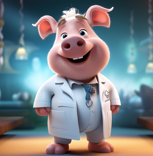 ein Schwein, das einen Anzug mit weißem Laborkittel und einem Knopf trägt