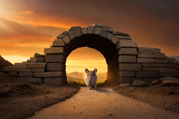 Ein Schwein geht durch einen Tunnel, der von der untergehenden Sonne beleuchtet wird.