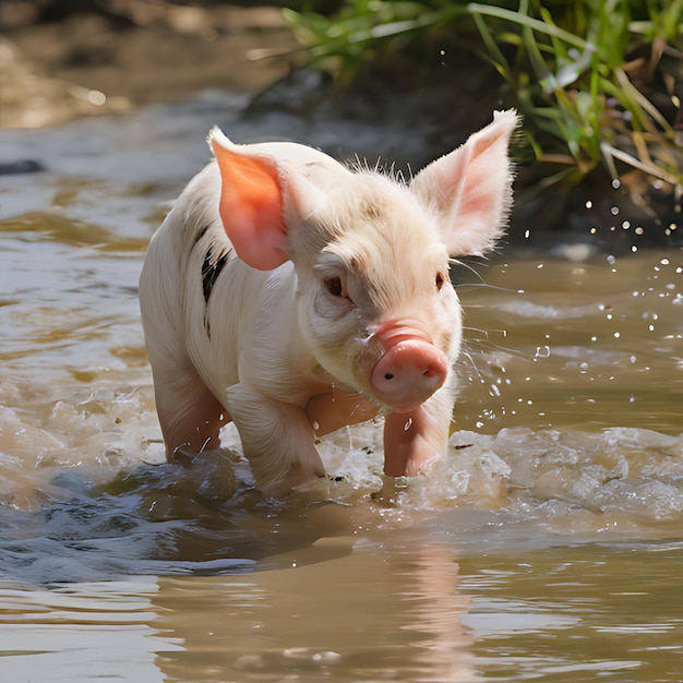 ein Schwein im Wasser mit einem Stock im Maul