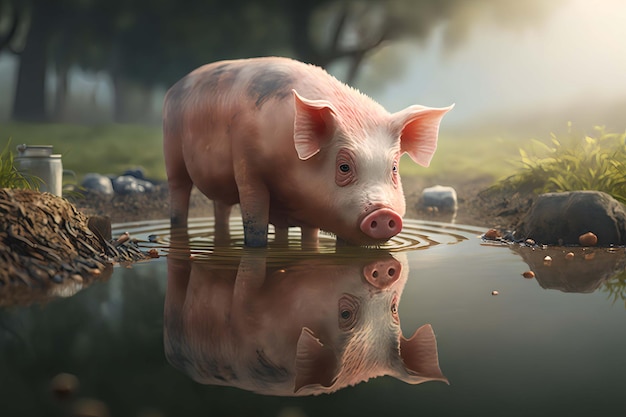 Foto ein schwein in einem teich mit dem wort schwein darauf