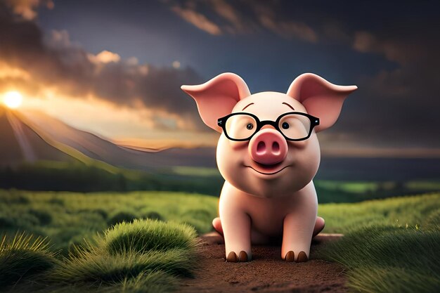 Ein Schwein mit Brille und bewölktem Himmel