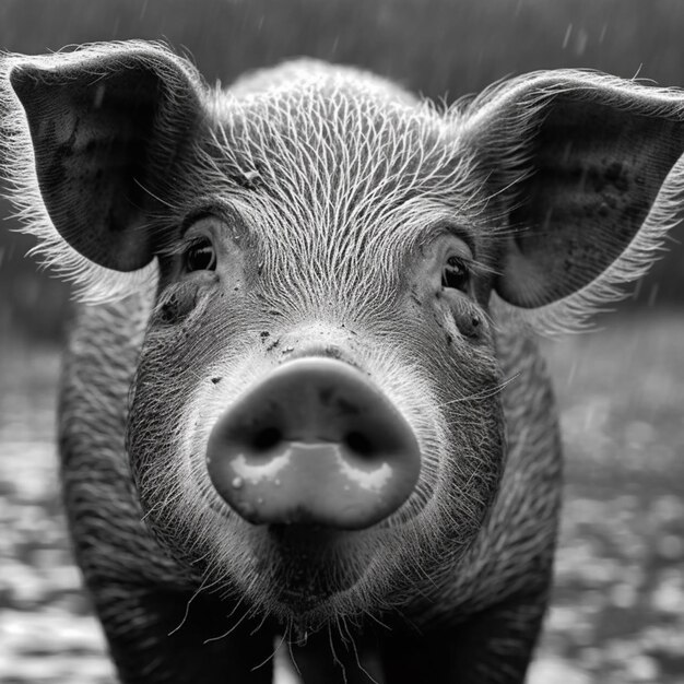 Foto ein schwein mit einer nase, das im regen steht