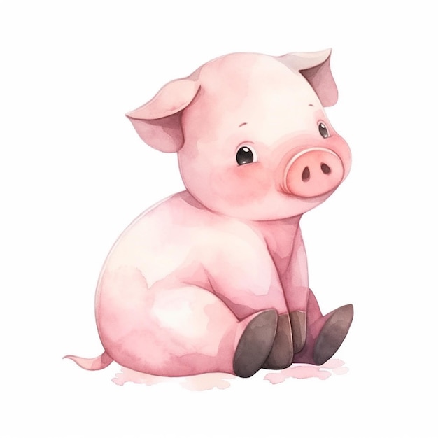Ein Schwein mit rosa Nase sitzt auf dem Boden.