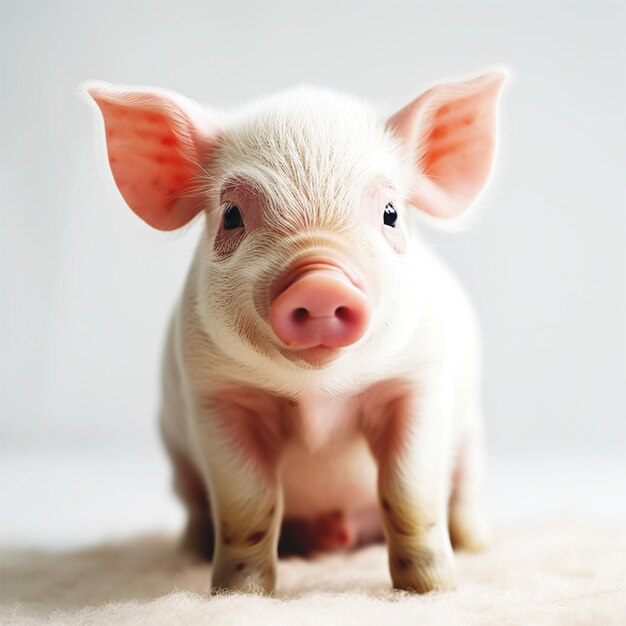 Ein Schwein mit rosa Nase sitzt auf einer weißen Decke.