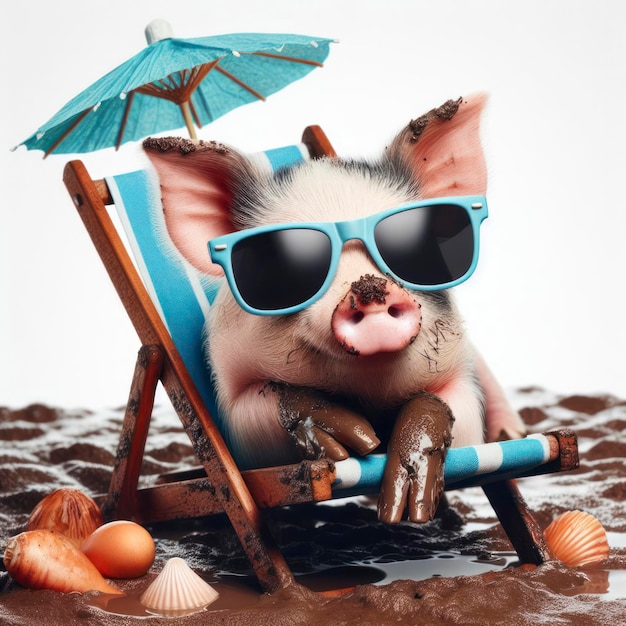 Ein Schwein mit Sonnenbrille im Schlamm auf einem Sonnenbett mit einem Regenschirm im Urlaub auf weißem Hintergrund