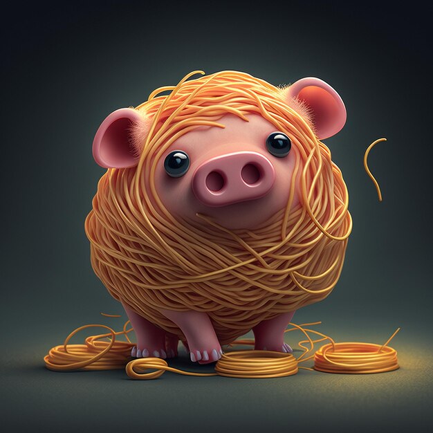 Ein Schwein mit unordentlichem Haar auf dem Kopf ist von verschlungenen Spaghetti umgeben.