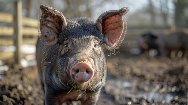 Ein Schwein steht vor einem Zaun im Schlamm