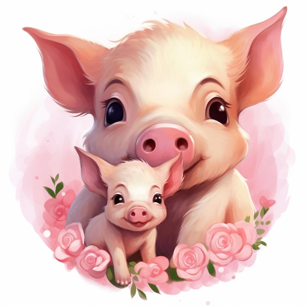 Ein Schwein und ihr Baby sind auf einem rosa Hintergrund mit dem Wort „Schwein“ darauf.