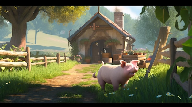 Ein Schwein vor einem Haus mit einem Zaun im Hintergrund