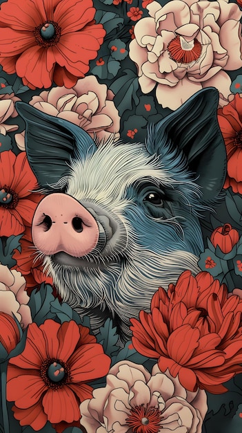 Ein Schweinebild unter bunten Blumen, das die Schönheit der Natur in der Kunst zeigt