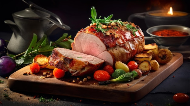 Foto ein schweinebraten mit gemüse auf einem schneidebrett