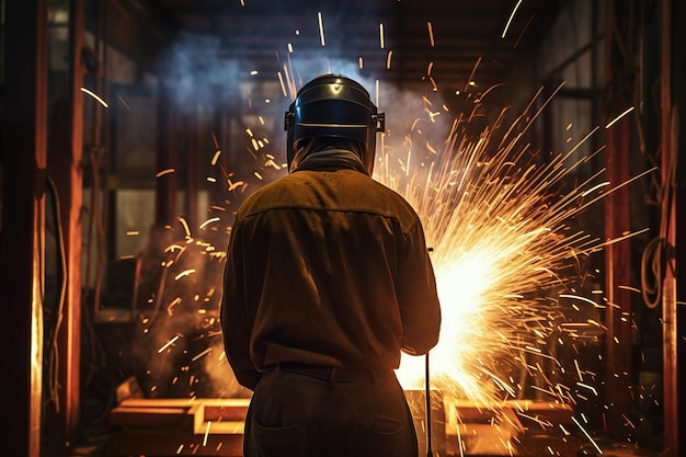 Ein Schweißer, der ein Schweißgerät mit Helm verwendet