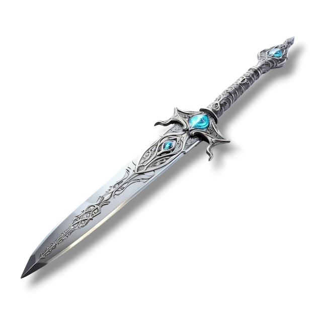 ein Schwert, das auf einem weißen Hintergrund im Stil realistischer Fantasy-Kunstwerke sitzt