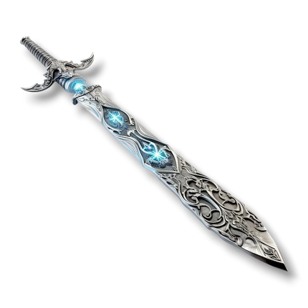 ein Schwert, das auf einem weißen Hintergrund im Stil realistischer Fantasy-Kunstwerke sitzt