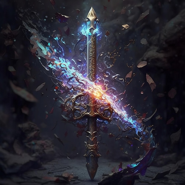 Ein Schwert mit einer blauen Flamme und einer blauen Flamme darauf